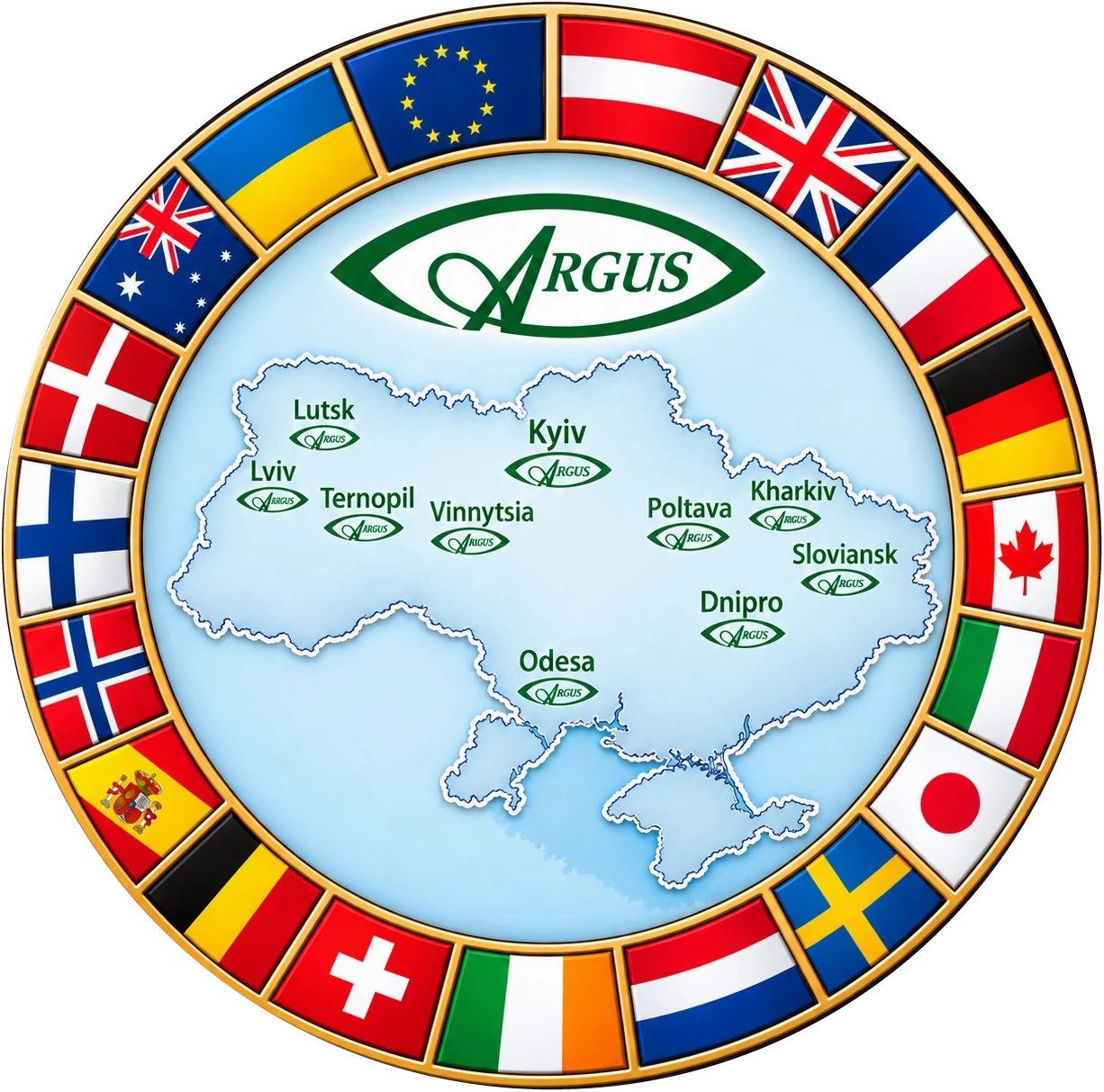 ARGUS: offices across Ukraine and the flags of the nations we serve