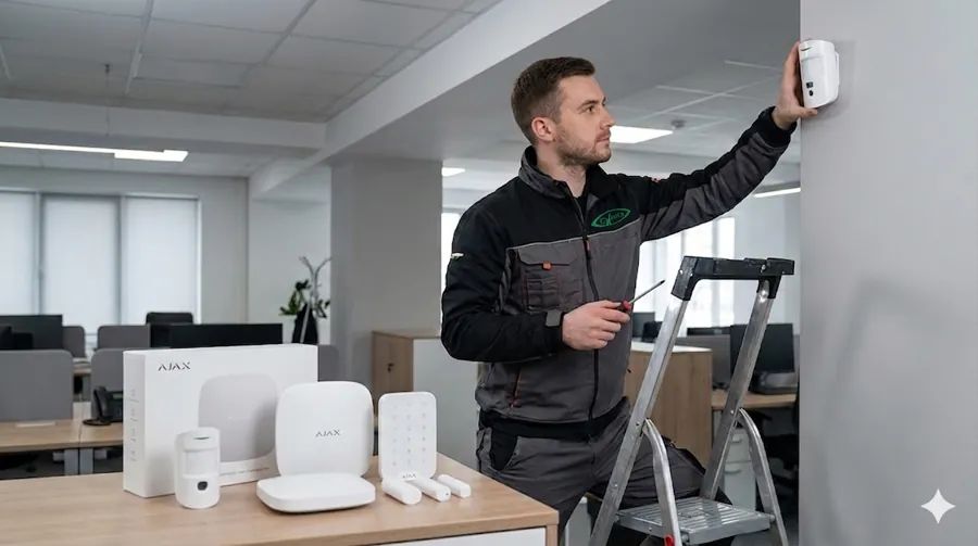 Argus Services technician installing equipment in an office